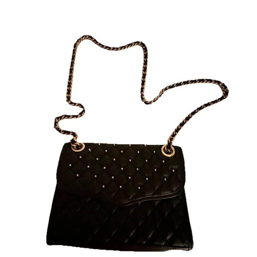 Rebecca Minkoff Womens Black Mini Affair Quilted Studded Leather Gold Chain Bag - Picture 1 of 12